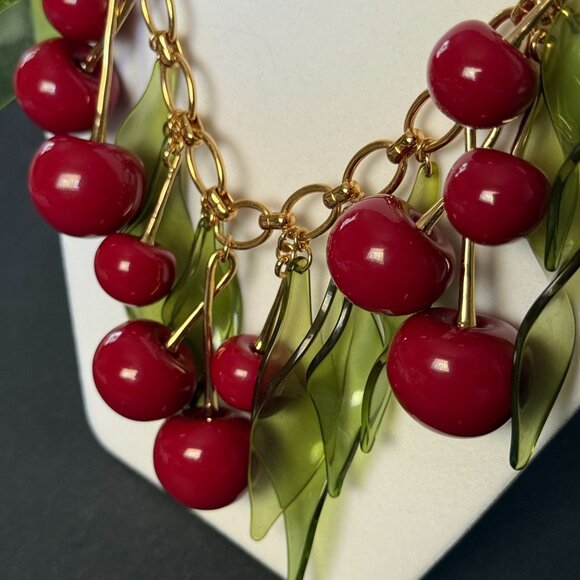 NWOT Rare Kate Spade Ma Cherie Gold Red Green Acrylic Cherry Statement Necklace - Picture 11 of 15